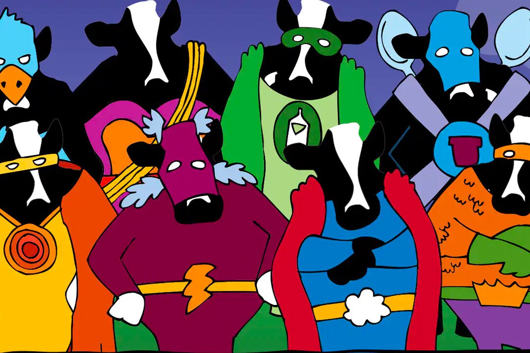 Vacas vestidas com fantasias de super-heróis 